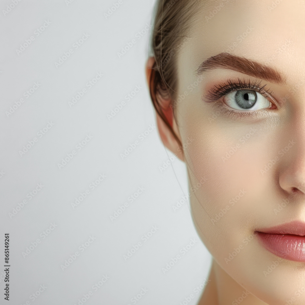 Naklejka premium Portrait of a young woman with perfect skin, highlighting beauty and skincare
