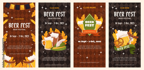 Beer festival vertical banner collection template. Design with glass of beer, wheat and leaves, banner ribbon and other festive objects on dark rhombus background