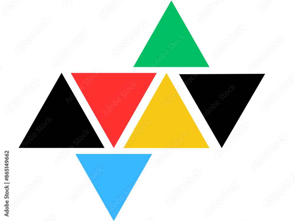 Graphic design with a white background and symmetrical triangle shapes with different colors Graphic design with a white background and symmetrical triangle shapes with different colors