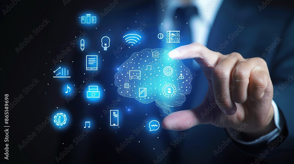 A businessman touching a glowing brain with his fingers. A businessman touching a glowing brain with his fingers.