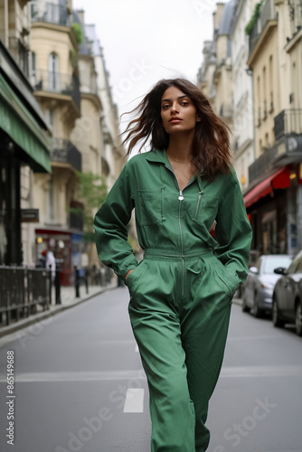 Young woman in green jumpsuit walking confidently down urban street. City fashion and modern style concept © larrui