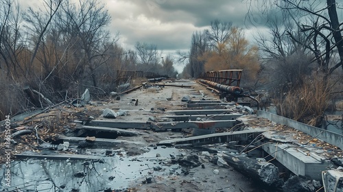 The remains of a destroyed bridge in Bogorodichne Donetsk reg The village was devastated by Russian forces : Generative AI photo