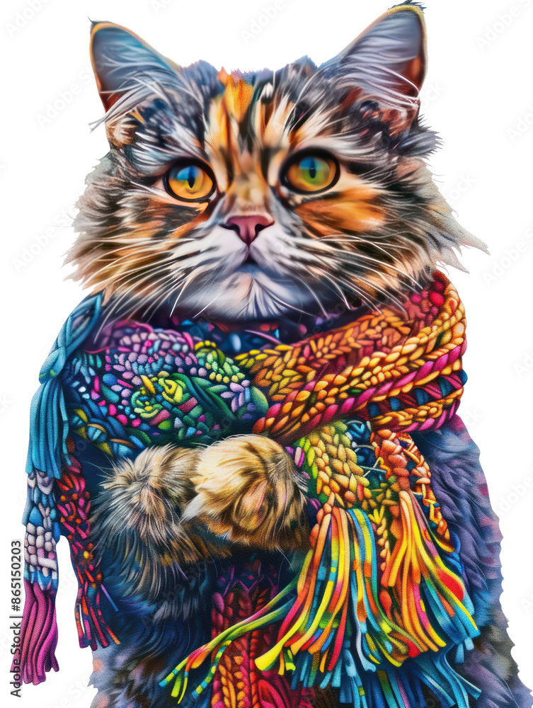 A fluffy cat with bright eyes wears a colorful scarf, looking directly at the viewer. A fluffy cat with bright eyes wears a colorful scarf, looking directly at the viewer.