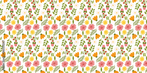 Seamless motif displaying floral elements. Botanical-inspired repetitive fabric or wallpaper design with yellow and orange flowers, red berries, leaves, and cherry blossom.