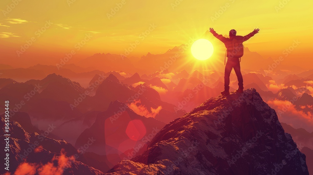 Triumphant Hiker Conquering the Mountain Peak at Sunrise Inspiring Success and Wellness Stock Image Triumphant Hiker Conquering the Mountain Peak at Sunrise Inspiring Success and Wellness Stock Image