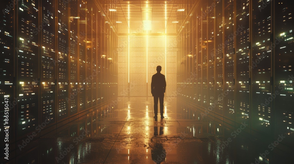 Glowing Data Silhouette in the Digital Cloud Glowing Data Silhouette in the Digital Cloud