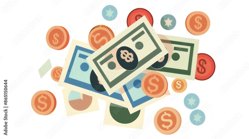 Money and Stars Scattered on a White Background Money and Stars Scattered on a White Background