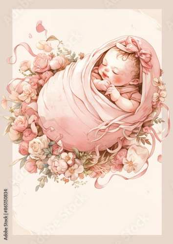 Newborn Baby Girl Sleeping in Floral Basket Illustration