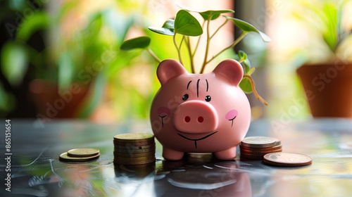 Wallpaper Mural Cute piggy bank sprouting green leaves, surrounded by stacks of coins, symbolizing savings and growth. Perfect for representing financial prosperity and eco-friendly initiatives. Generated AI Torontodigital.ca