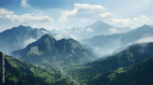 Mountain landscape with clouds and blue sky, natural background