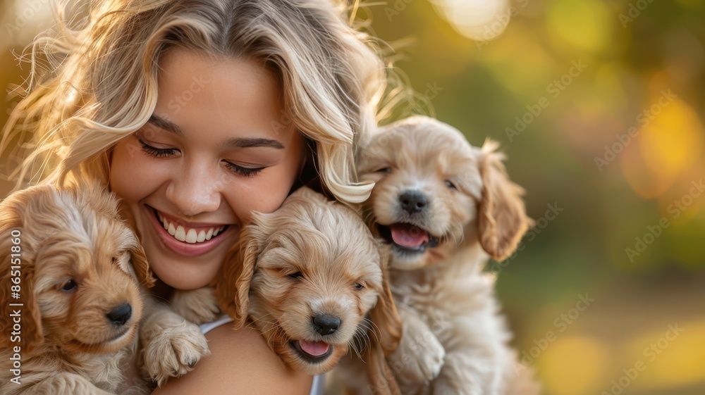 Smiling woman happily cuddling three adorable golden retriever puppies in a sunny outdoor setting, showcasing joy and love. Smiling woman happily cuddling three adorable golden retriever puppies in a sunny outdoor setting, showcasing joy and love.