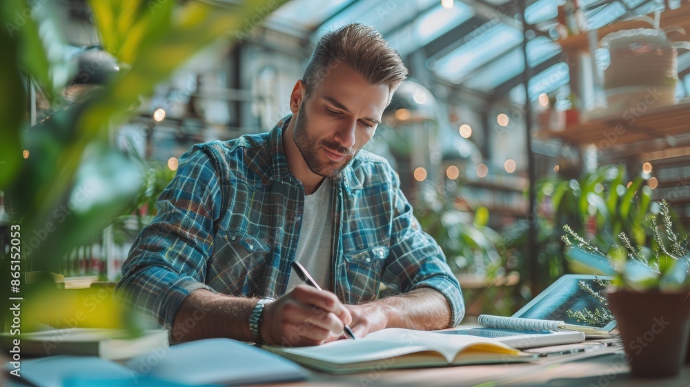 Young man studying in a greenhouse environment, surrounded by lush plants, focused on writing in a notebook. Young man studying in a greenhouse environment, surrounded by lush plants, focused on writing in a notebook.