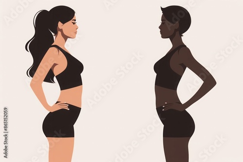 A woman transformation through a body contouring procedure emphasizing the silhouette and posture improvement with before and after silhouettes outlined against a minimalist background