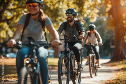 A group of friends riding electric bikes in a city park enjoying a leisurely ride together showcasing the social aspect of sustainable transportation © DK_2020