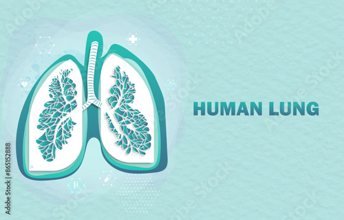 Human lung and treatment with technology innovation. A concept hospital for wallpaper and web, paper cut style in white and blue color.