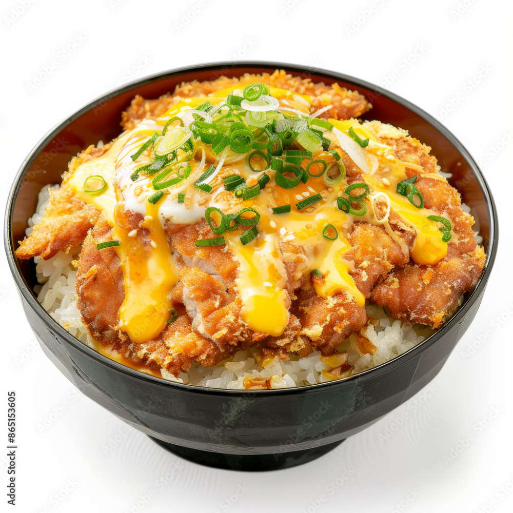 A serving of katsudon, breaded and fried pork cutlet served over a bowl of rice with a savory egg and onion sauce, isolated on white background. A serving of katsudon, breaded and fried pork cutlet served over a bowl of rice with a savory egg and onion sauce, isolated on white background.