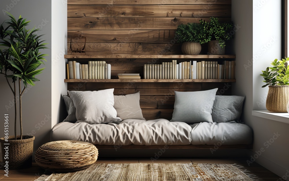 Obraz premium Cozy reading nook with wooden shelves, cushions, and indoor plants, perfect for relaxation and reading in a modern home interior.