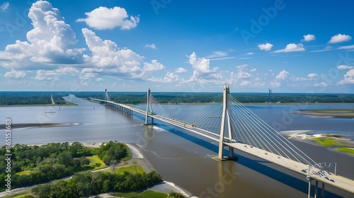 Aerial view of Talmadge Memorial Bridge on a sunny day The Talmadge Memorial Bridge is a bridge spanning the Savannah River between downtown Savannah Georgia and Hutchinson Island : Generative AI photo