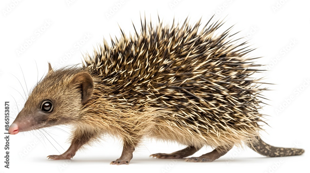 Obraz premium 2. Create a high-resolution image of a Tenrec showcasing its unique spiny coat and small size, with a transparent background suitable for effortless placement on a white backdrop. Ensure the final