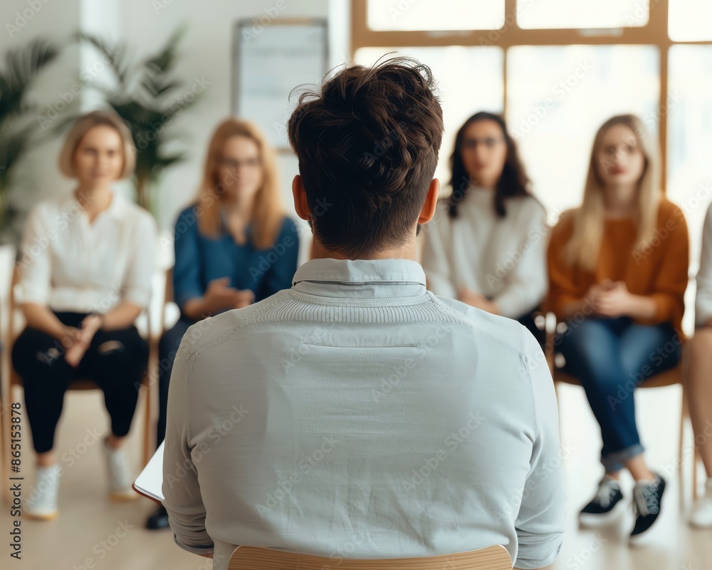 Group therapy session with a diverse team discussing and collaborating in a modern, bright, and comfortable setting Group therapy session with a diverse team discussing and collaborating in a modern, bright, and comfortable setting