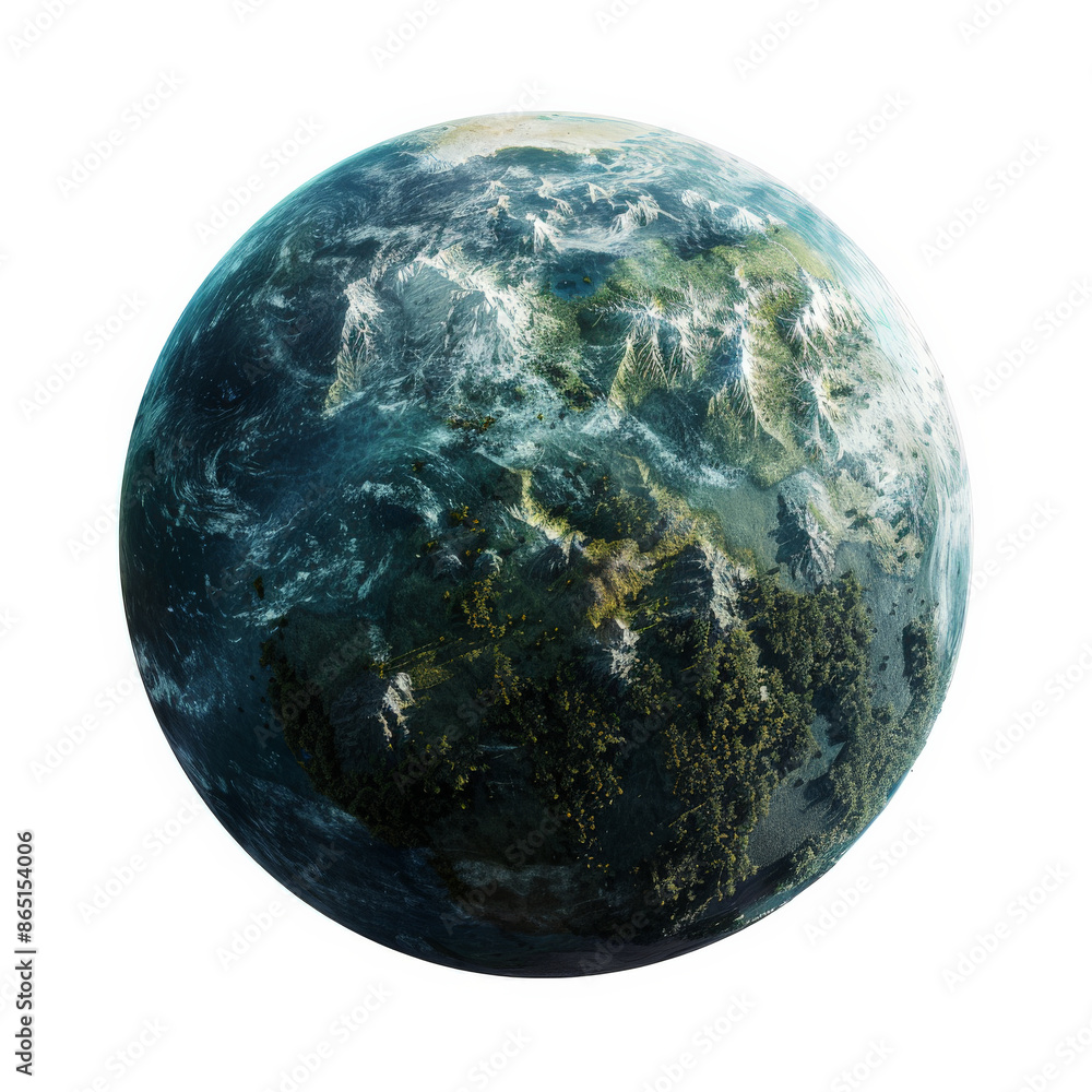 A habitable planet with diverse landscapes including mountains, forests, and oceans, suggesting the presence of life, isolated on white background. A habitable planet with diverse landscapes including mountains, forests, and oceans, suggesting the presence of life, isolated on white background.