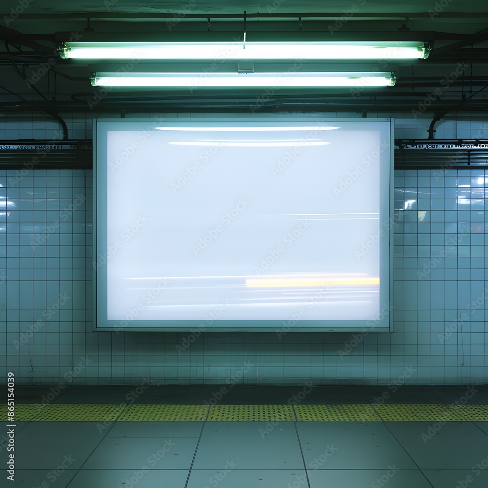 Empty blank billboard in a subway station with fluorescent lights and tiled walls. Ideal for advertisement mockups and urban themes. Empty blank billboard in a subway station with fluorescent lights and tiled walls. Ideal for advertisement mockups and urban themes.