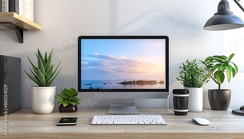 3D illustration PC screen on table in modern room, Workspace