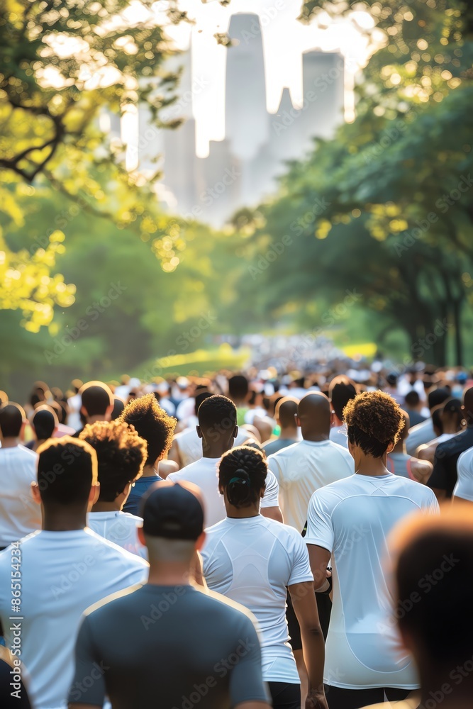 A large group of people walking through a city park during a sunny day, with skyscrapers in the background. A large group of people walking through a city park during a sunny day, with skyscrapers in the background.