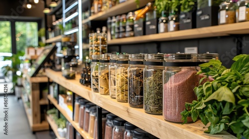 Wallpaper Mural A well-organized organic grocery store displays bulk goods in jars and fresh greens, promoting sustainable shopping and healthy eating.
 Torontodigital.ca