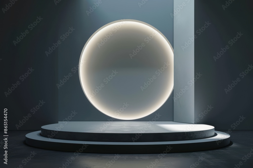 Empty round podium with neon light in a dark room. Concept of product display, exhibition, and presentation. Empty round podium with neon light in a dark room. Concept of product display, exhibition, and presentation.