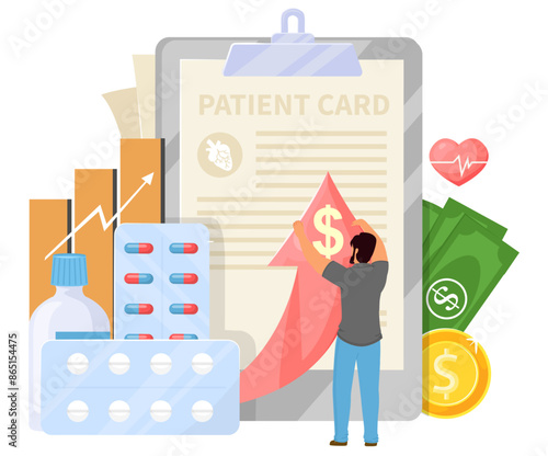 Medicine, medical insurance price cost and drugs expense bill vector illustration. Man customer, patient card, money finance for treatment and increasing graphs