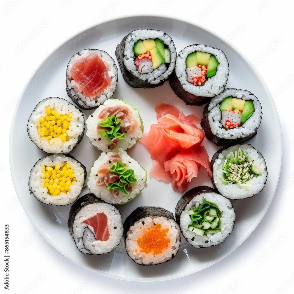 A beautifully arranged platter of sushi rolls with different fillings such as tuna, salmon, and avocado, garnished with pickled ginger and wasabi, isolated on white background. A beautifully arranged platter of sushi rolls with different fillings such as tuna, salmon, and avocado, garnished with pickled ginger and wasabi, isolated on white background.