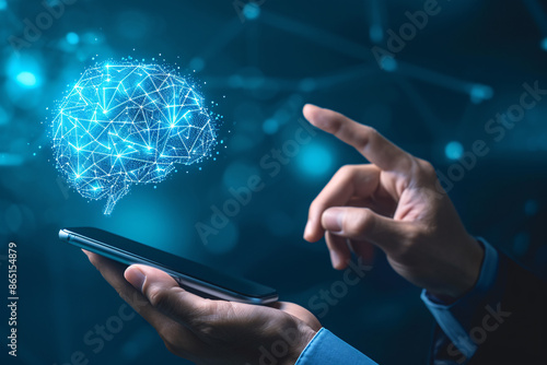 a person holding a phone and pointing at a brain photo