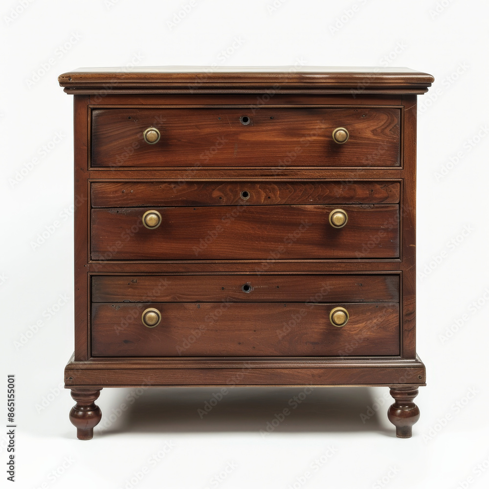 A classic wooden chest of drawers with a rich, dark finish and brass knobs, isolated on white background. A classic wooden chest of drawers with a rich, dark finish and brass knobs, isolated on white background.