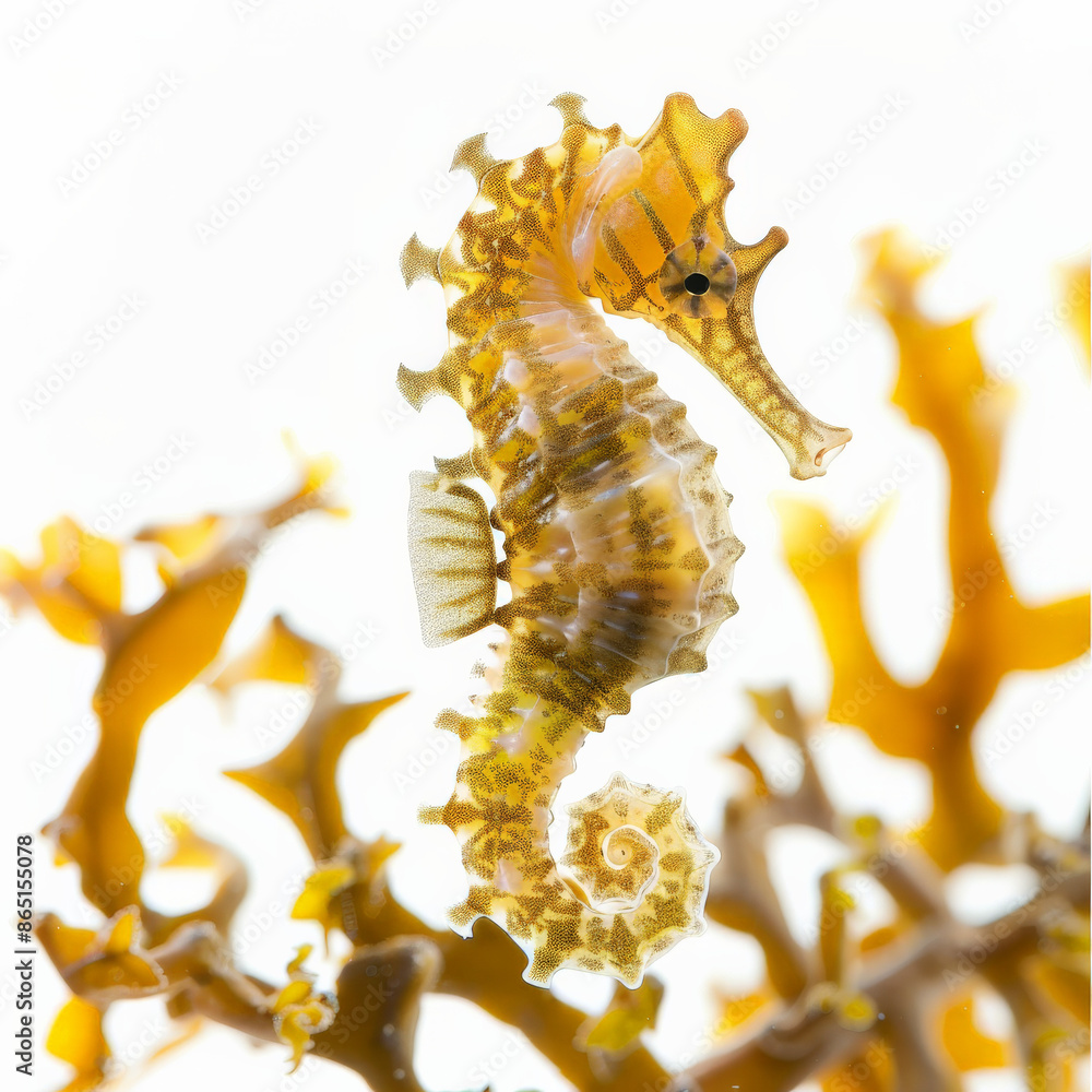 Obraz premium A tiny seahorse clinging to seaweed, isolated on white background