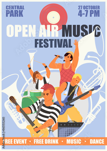 Open air music festival in central park advertising banner. Free event with drinks, dance and music promotion. Happy musician characters performing with musical instruments vector illustration