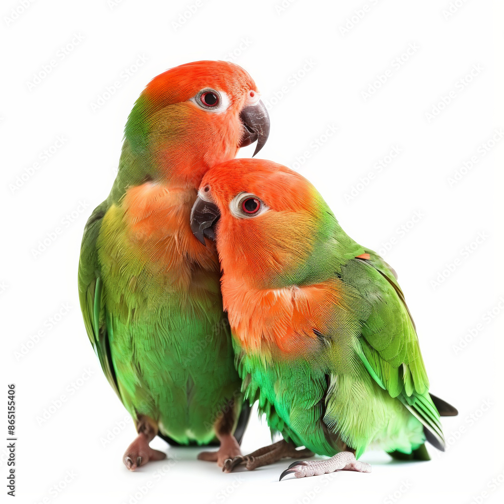 A pair of lovebirds perched closely together, their bright green and orange feathers contrasting beautifully, isolated on white background. A pair of lovebirds perched closely together, their bright green and orange feathers contrasting beautifully, isolated on white background.