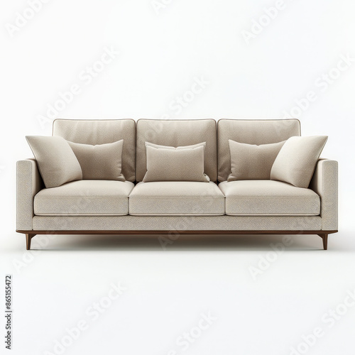 A modern, minimalist sofa with sleek lines and neutral colors, isolated on white background.