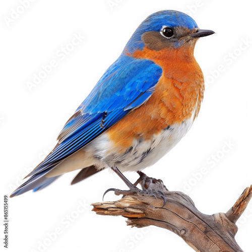 A colorful eastern bluebird with its vivid blue and orange plumage, perched on a branch, isolated on white background. © wolfhound911