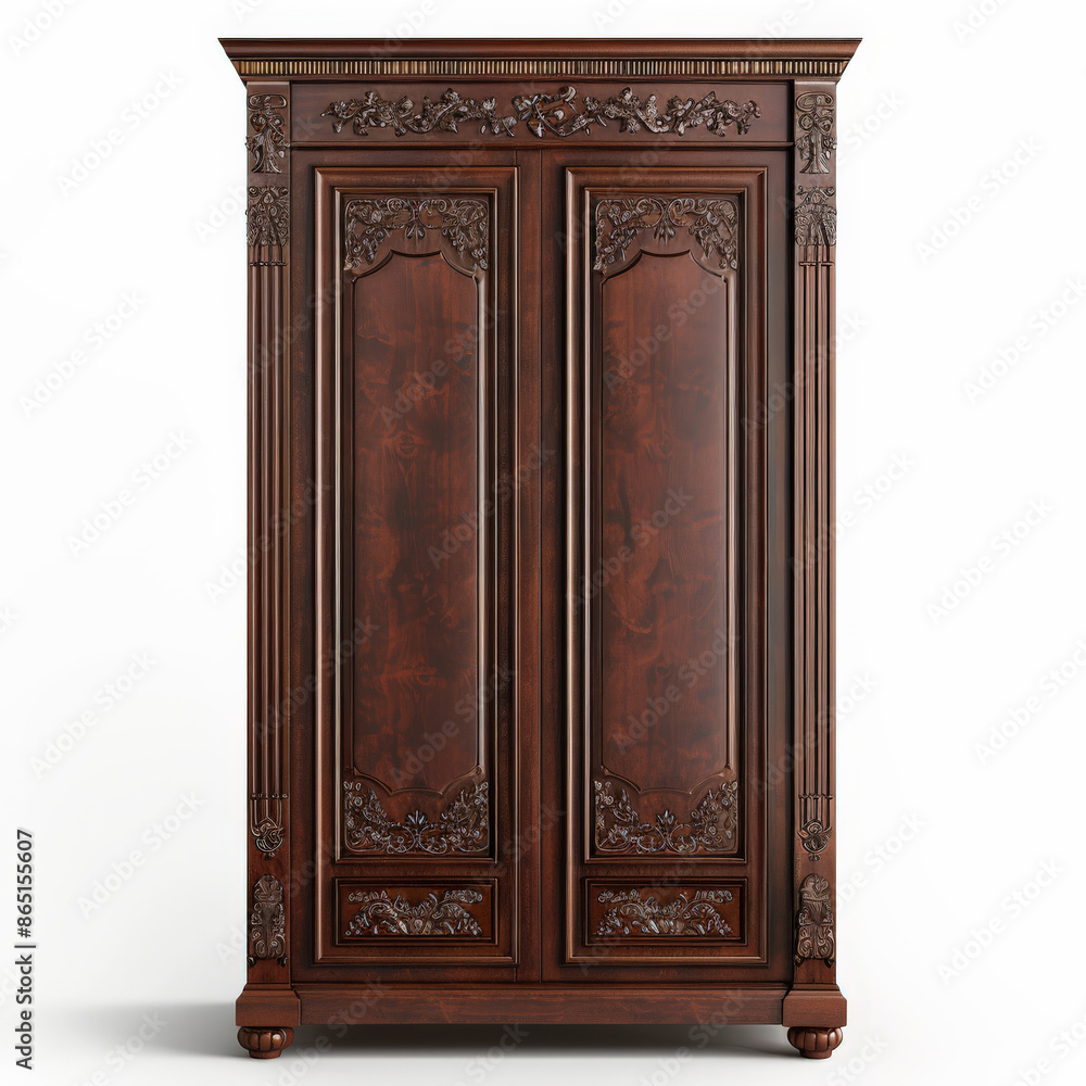 A classic wooden wardrobe with intricate details and a rich mahogany finish, isolated on white background. A classic wooden wardrobe with intricate details and a rich mahogany finish, isolated on white background.