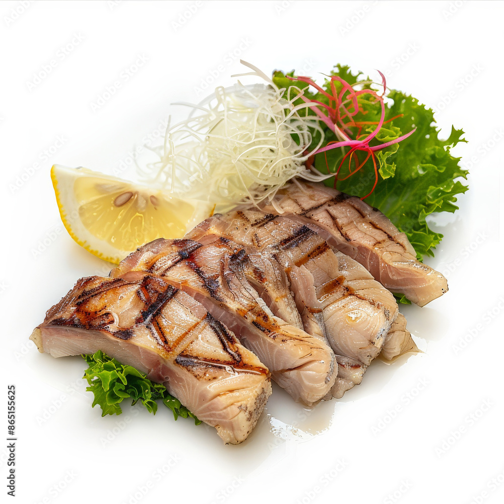 A serving of hamachi kama, grilled yellowtail collar, garnished with lemon wedges and grated daikon radish, isolated on white background. A serving of hamachi kama, grilled yellowtail collar, garnished with lemon wedges and grated daikon radish, isolated on white background.