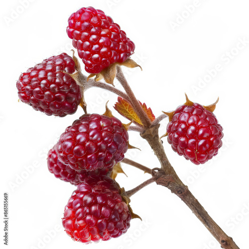 A cluster of vibrant red thimbleberries on a stem, isolated on white background photo