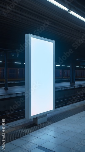 Empty illuminated billboard at an underground subway station platform, providing a blank canvas for advertising or promotional displays. photo