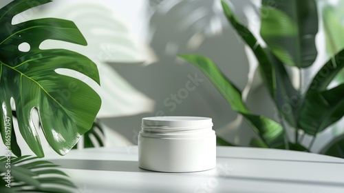 Stylish product presentation with white cream jar on white table with green tropical leaves