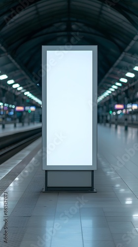 Empty illuminated billboard in a modern and spacious train station at night, perfect for advertisements and marketing campaigns. photo