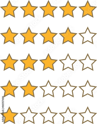 Set of stars rating design elements. Kit of star shapes for ranking interface. Voting symbols from zero to five points. Vector illustration in flat style. Yellow and half star flat feedback icons