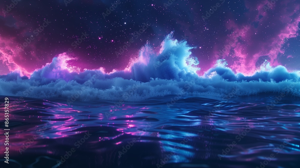 Night fantasy seascape with beautiful waves and foam. Night view of the ocean. Night fantasy seascape with beautiful waves and foam. Night view of the ocean.
