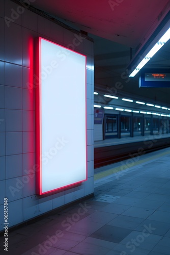 Empty illuminated billboard in a subway station, perfect for advertisement mockups and promotional campaigns within urban environments. photo