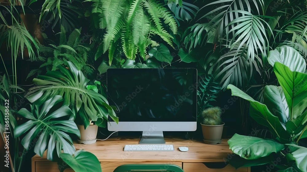 The Vivid Greenery of Data. A computer monitor surrounded by lush The Vivid Greenery of Data. A computer monitor surrounded by lush