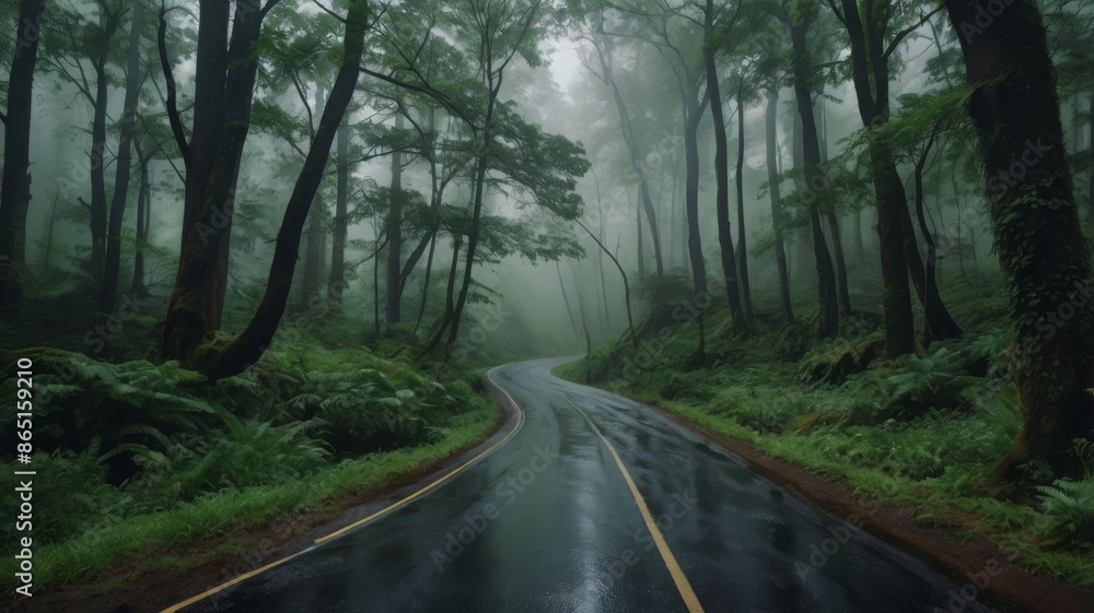 Background of a road in the middle of a foggy forest Background of a road in the middle of a foggy forest